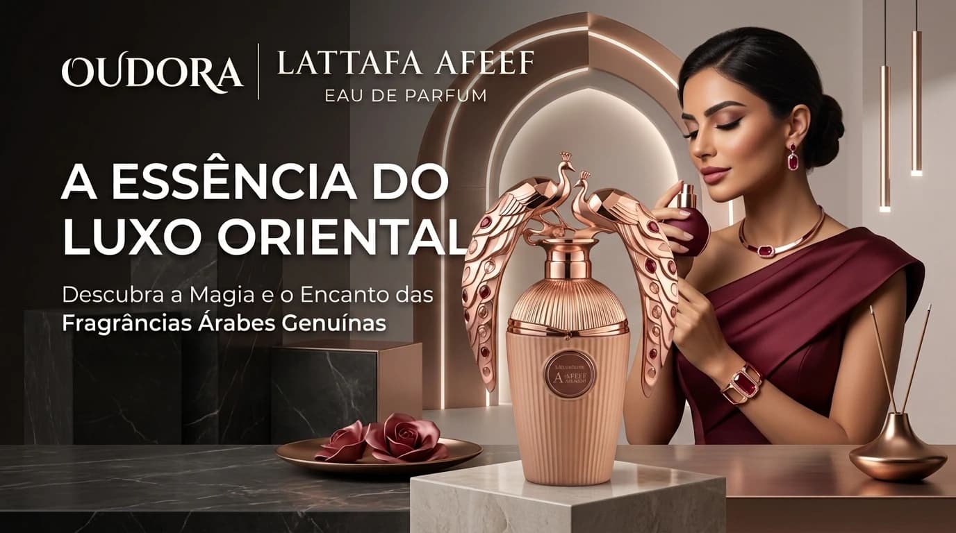 OUDORA Lattafa Afeef, uma campanha de perfumaria árabe com frasco dourado